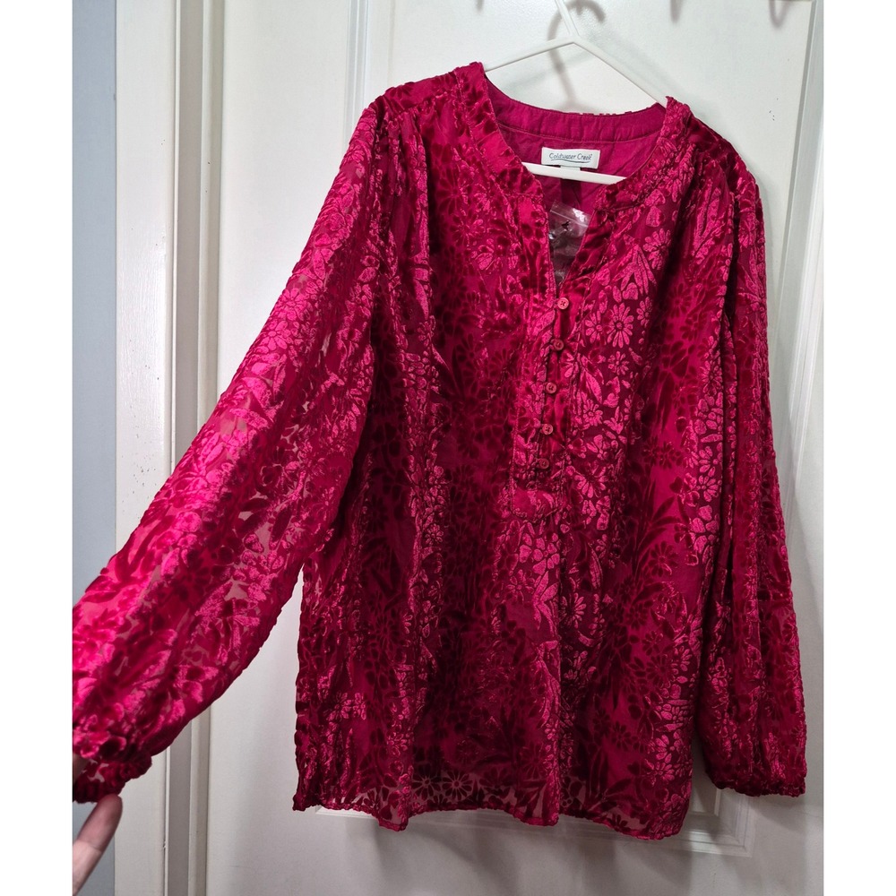 Coldwater Creek Magenta Pink Burnout Velvet Floral Blouse Top L Long Sleeve 422